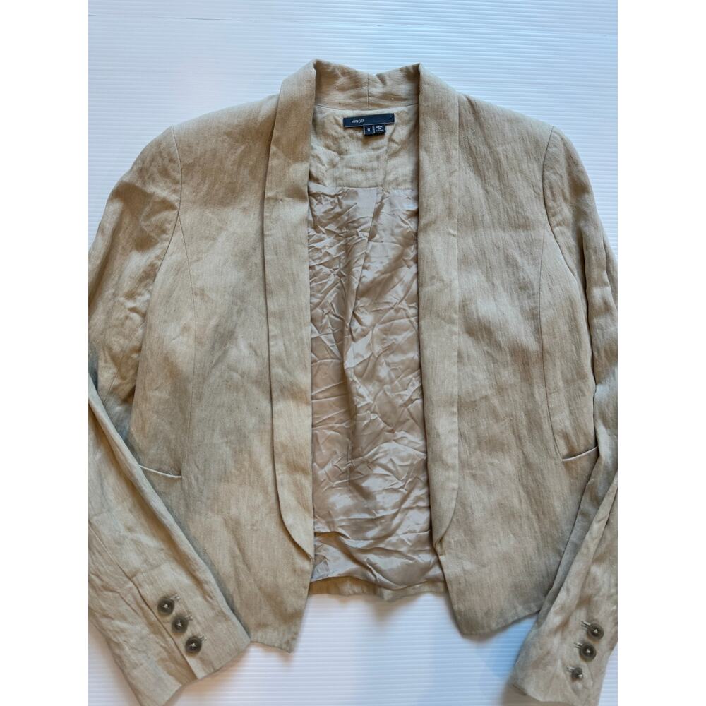 Vince Linen Cotton Blazer Women’s 8 Beige Open Front Cropped Jacket Summer - Picture 10 of 16